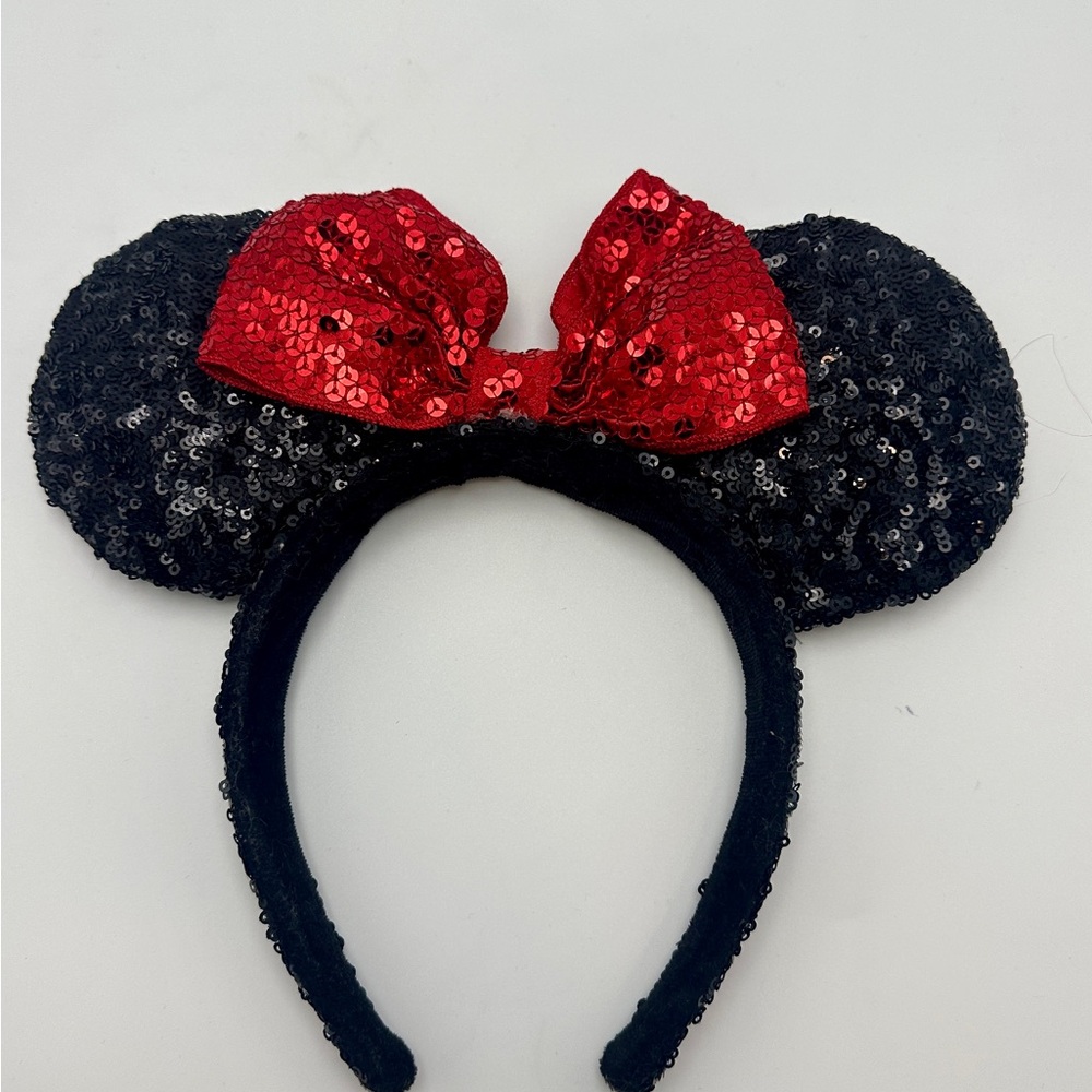 Disney Sequined Minnie Mouse Ears Headband with Red Bow